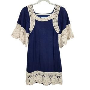 Judith March Vintage Crochet Tunic Dress Lace Peasant Blue Cream Womens Size S